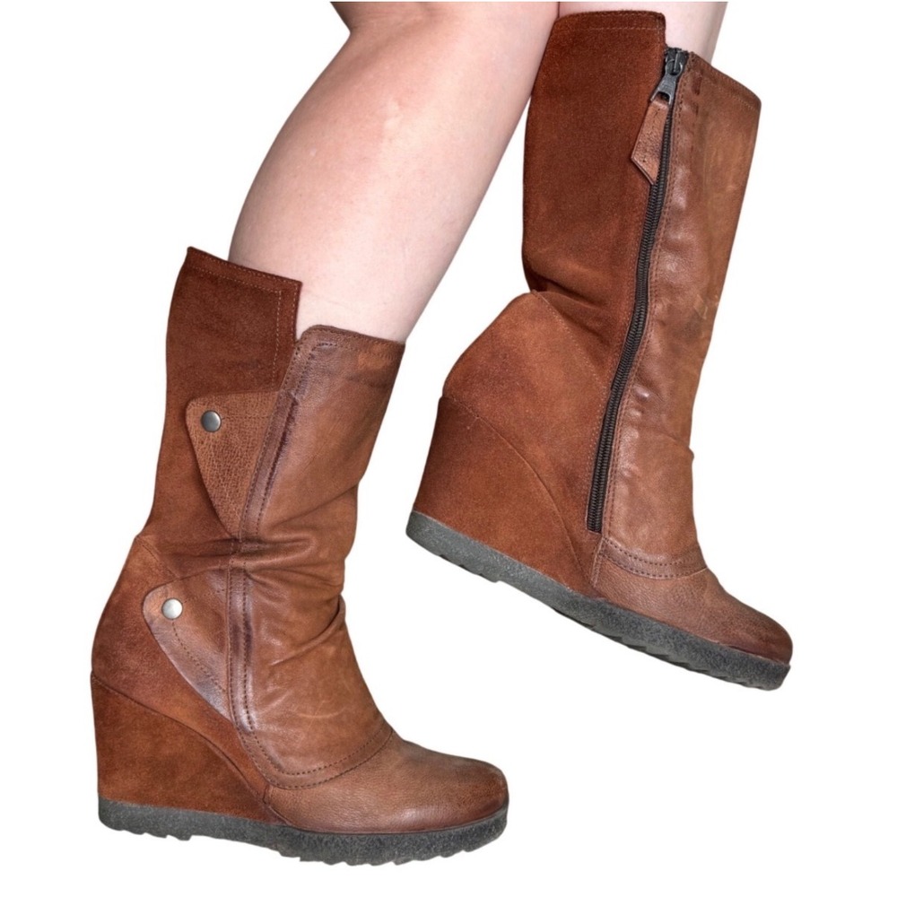 Miz Mooz Womens Wedge Boots EU 39 Brown Leather Suede Mid Calf Side Zip US 8.5